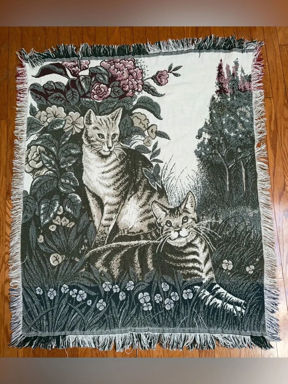 Vintage Woven Tapestry Throw Blanket Cats Garden Floral Fringe 40” X 51”